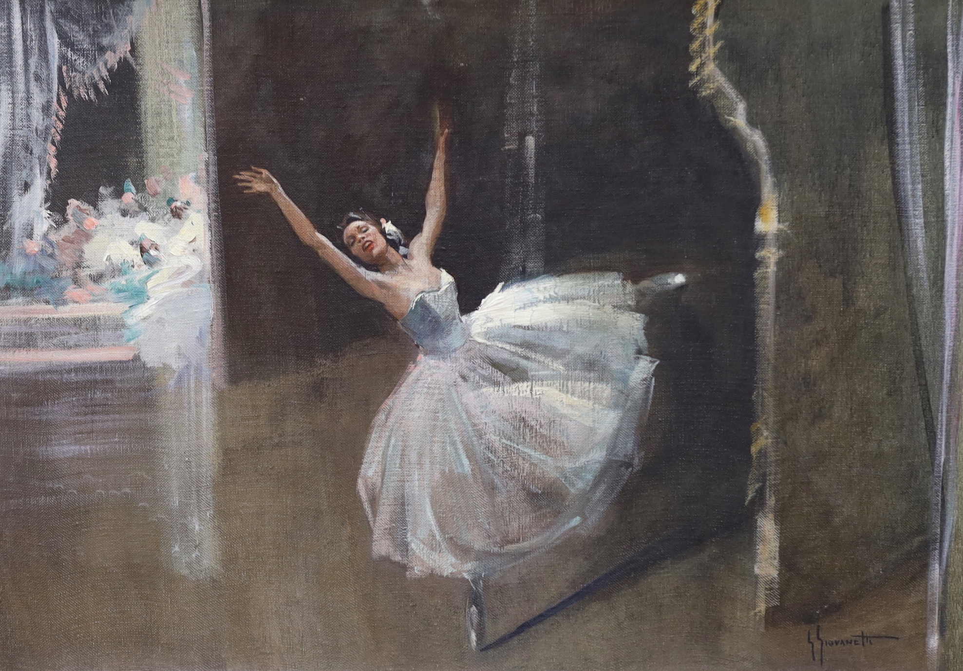 Giordano Giovanetti (Italian, 1906-1973), oil on canvas board, Ballerina on stage, signed, 49 x 69cm